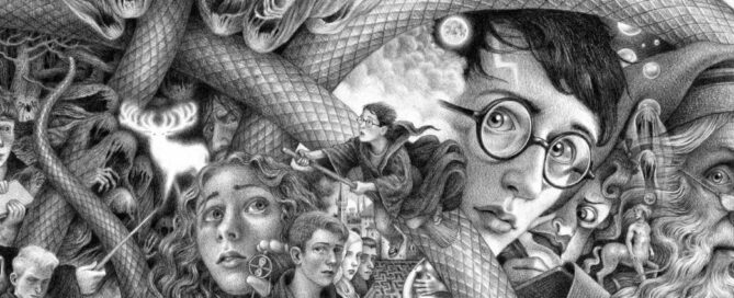 Immagine dei 7 libri di Harry Potter disegnata da Brian Selznick